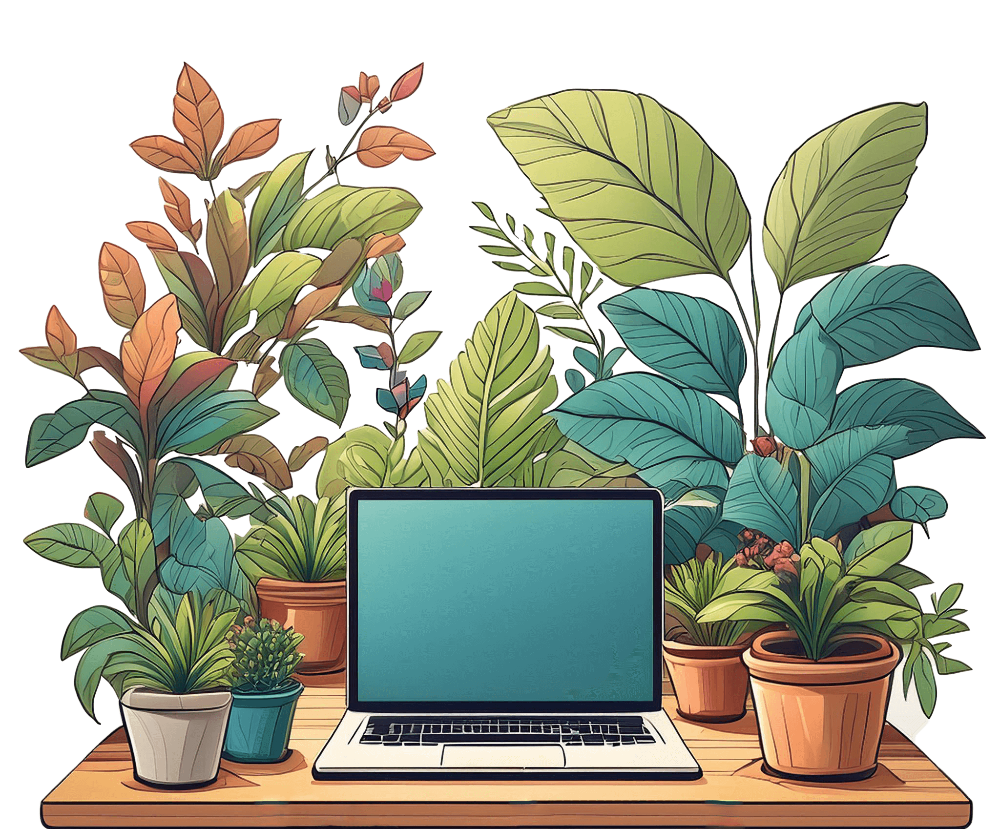 desk with a laptop and multiple plants on top